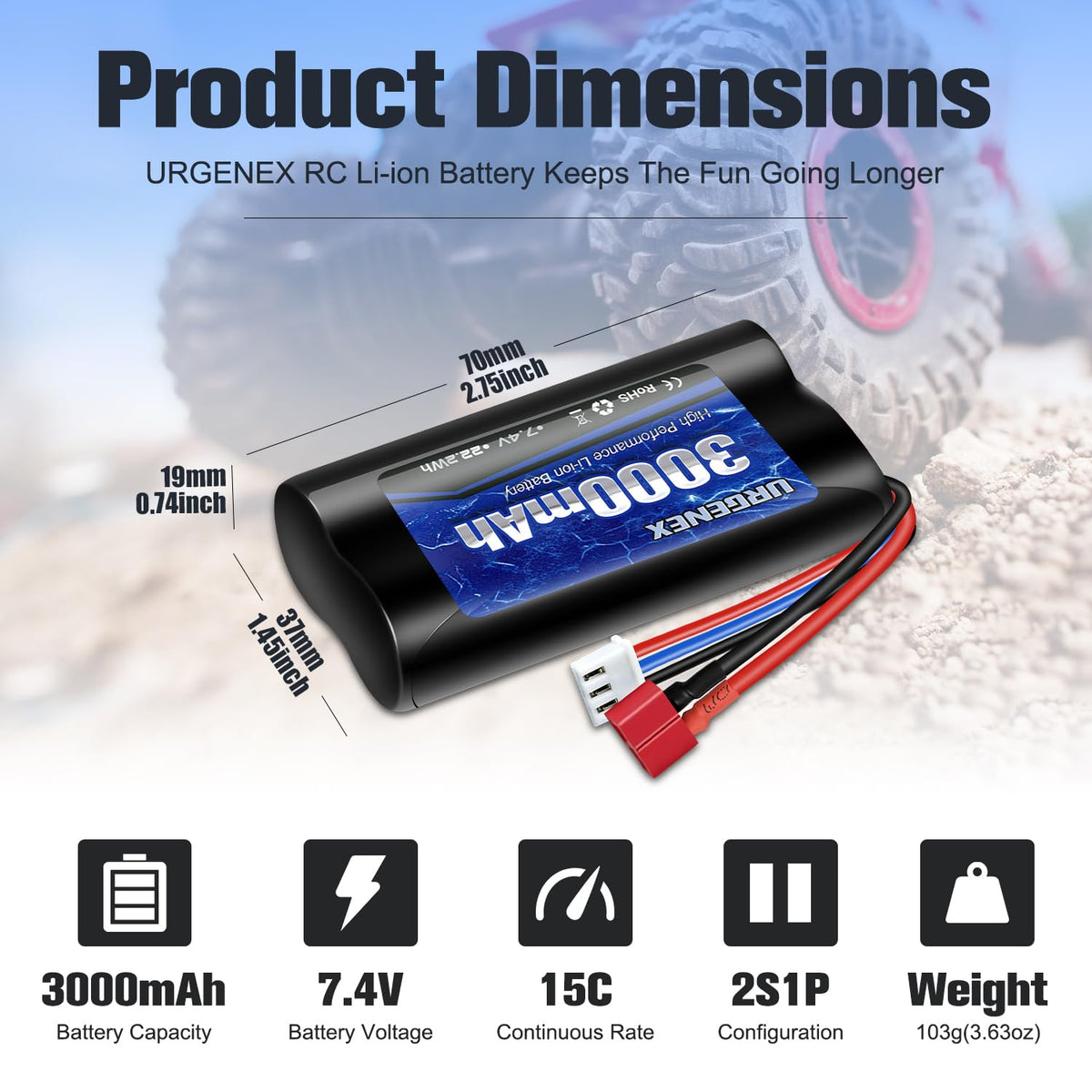 URGENEX Li-ion battery side view highlights compact size for crowded chassis