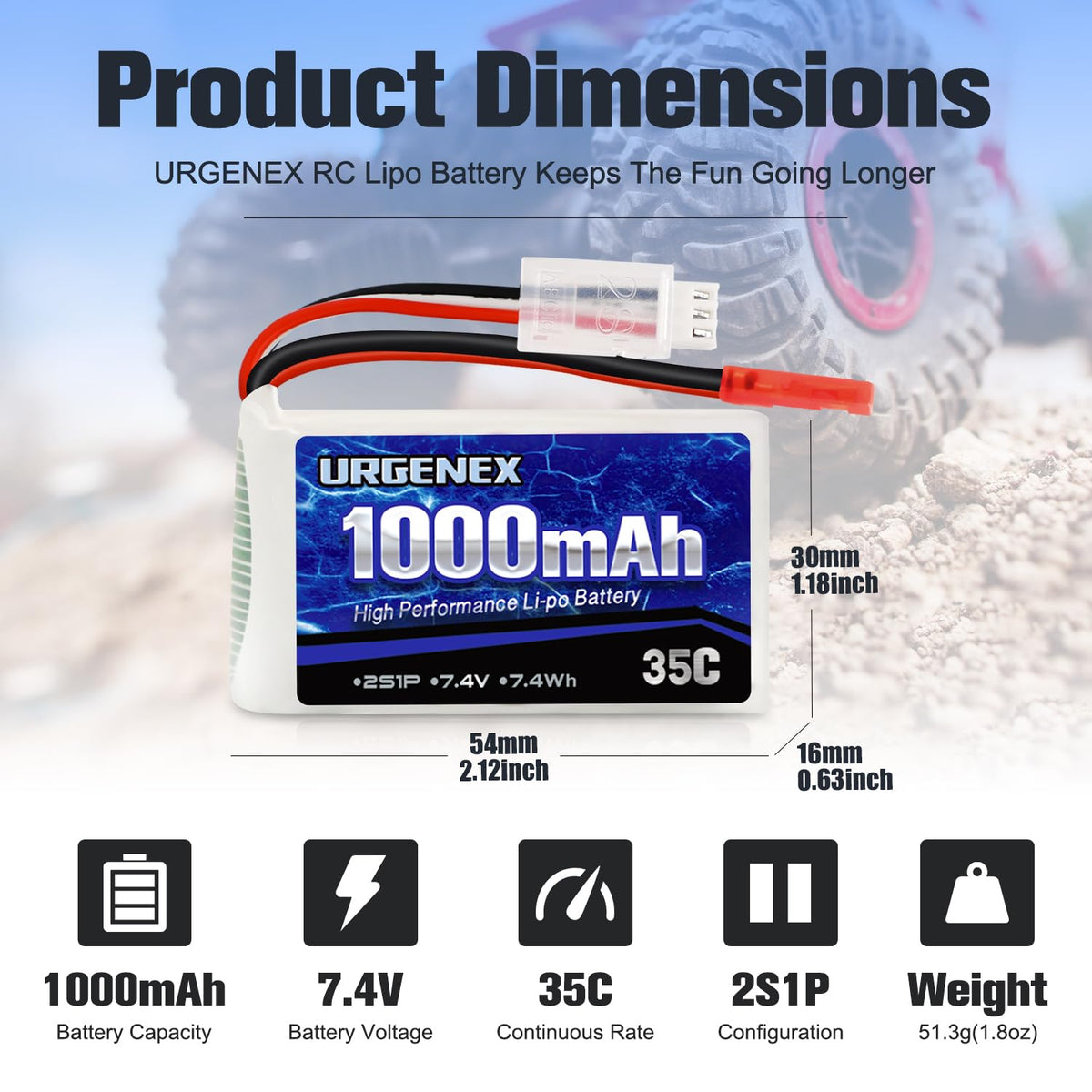 URGENEX 7.4V JST plug LiPo battery ready for quick RC swaps