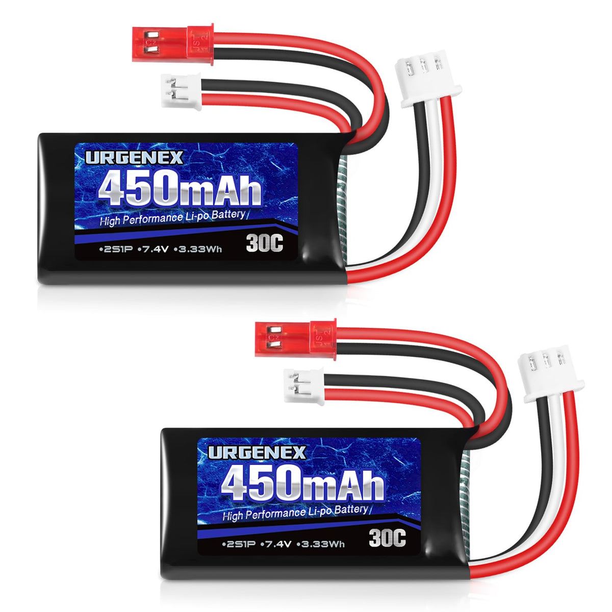 URGENEX 7.4V 450mAh lipo close-up showing compact size for quick swaps