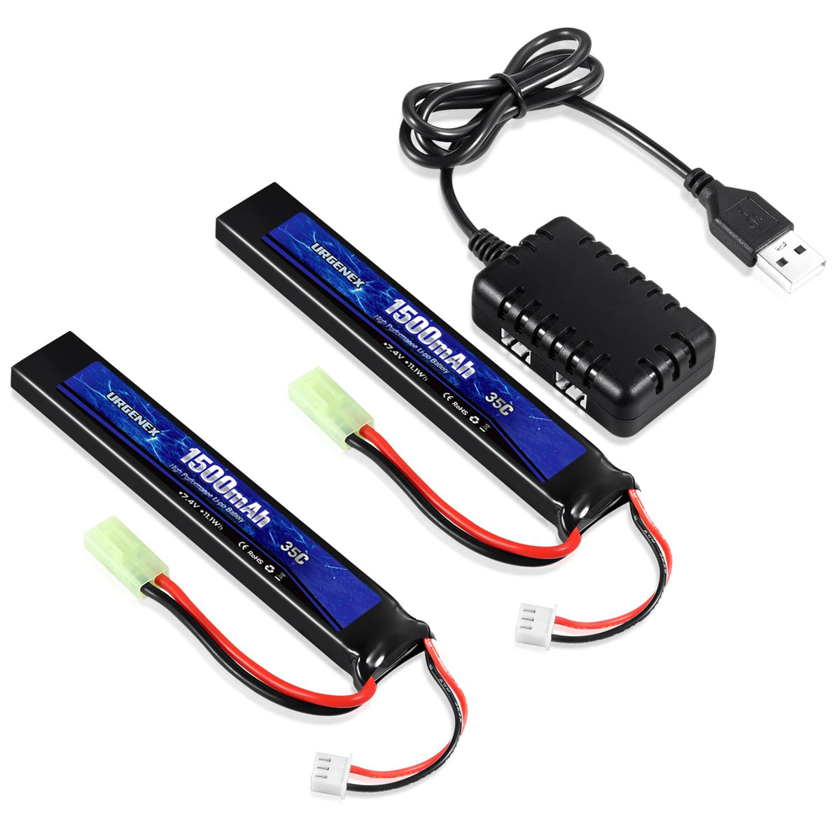 URGENEX airsoft battery 7.4V 1500mAh pack for longer game sessions and quick swaps.