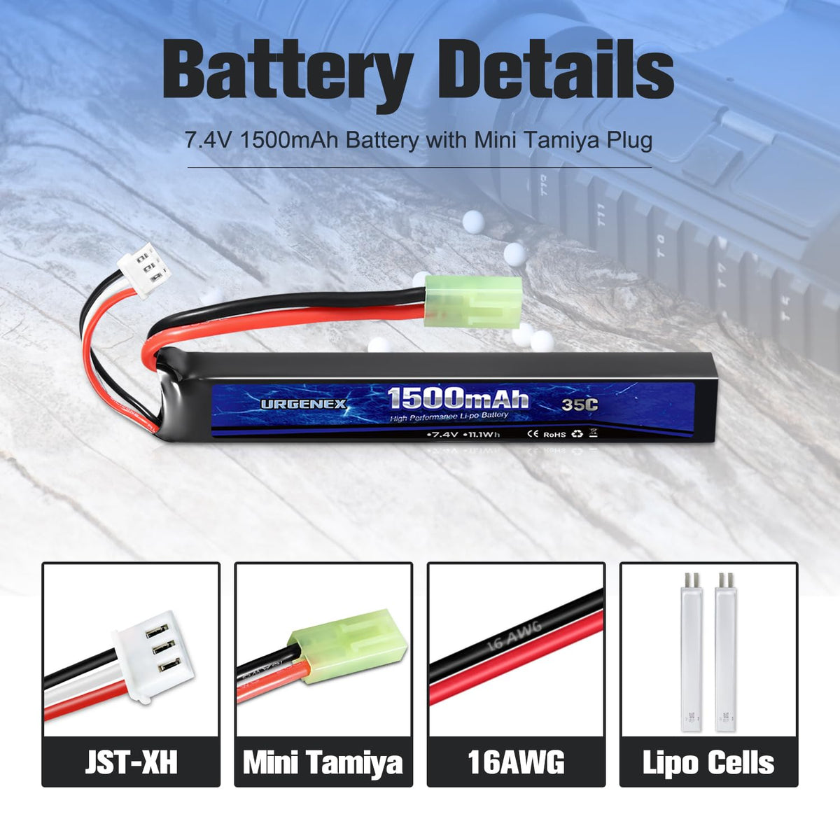 URGENEX 7.4V LiPo battery featuring JST-XH charging plug for easy top-ups.