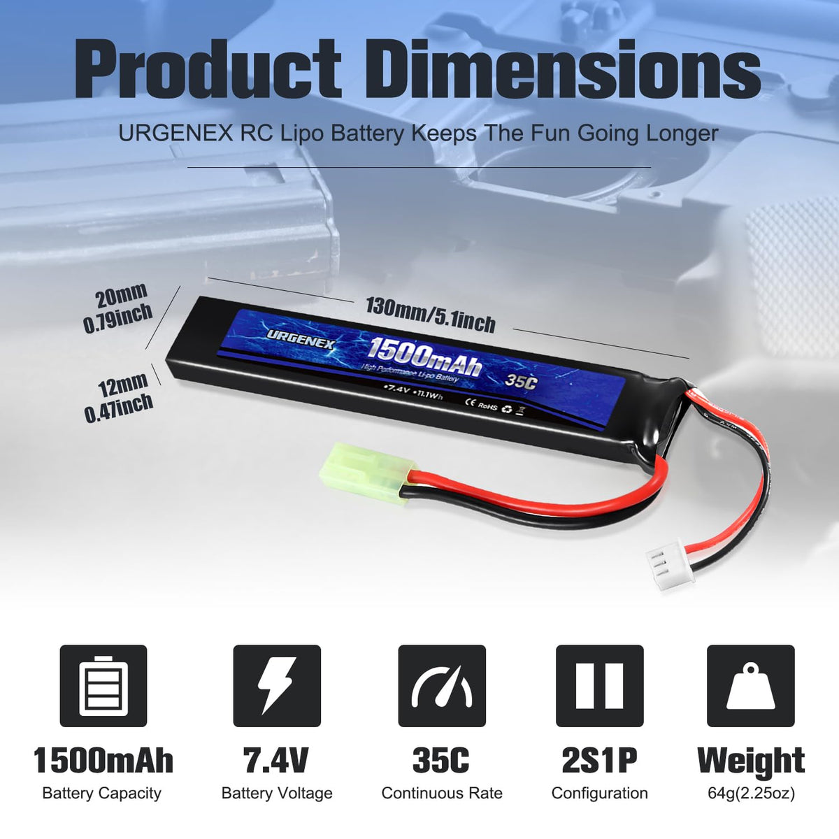 URGENEX mini Tamiya plug battery for broad compatibility with many airsoft guns.
