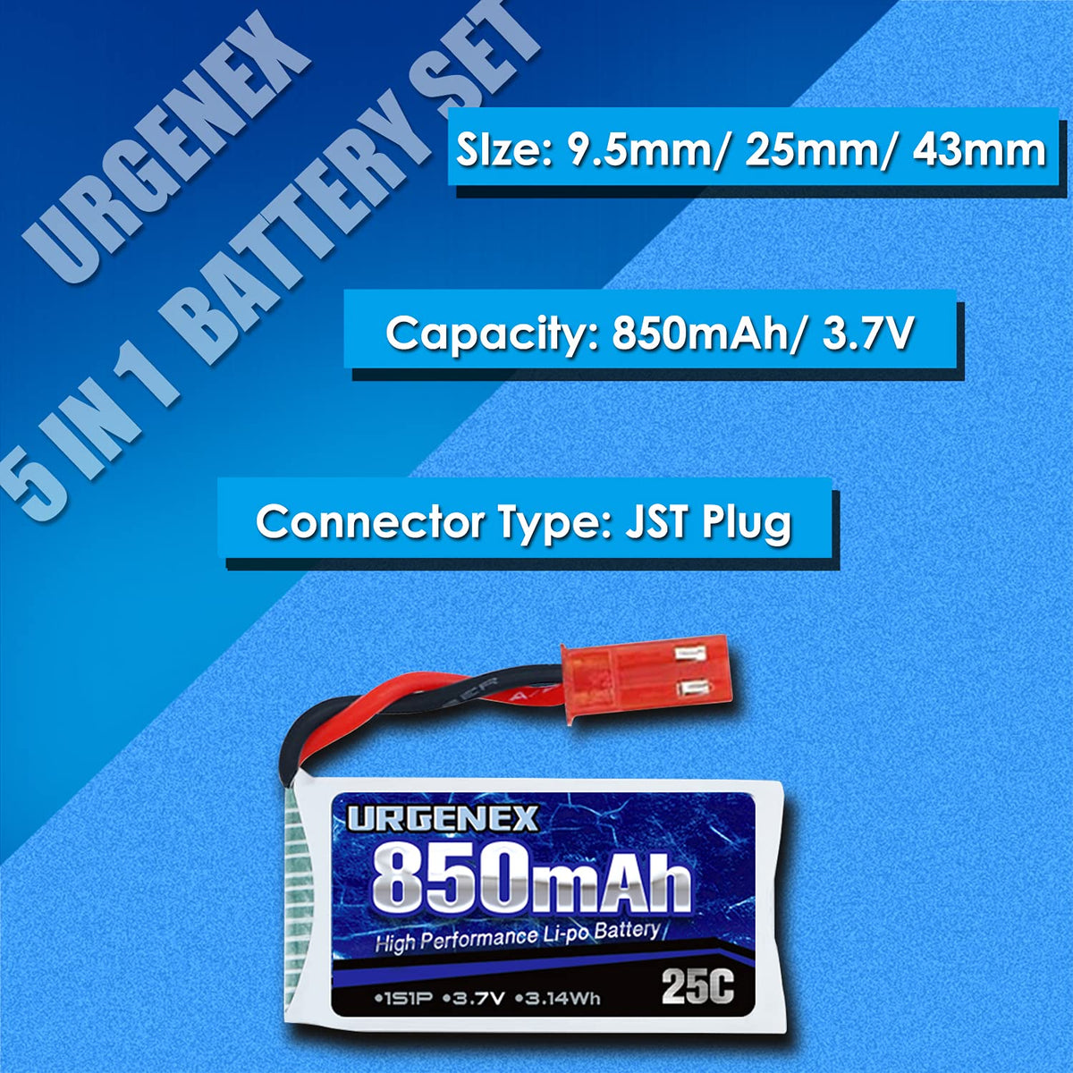 URGENEX battery dimensions 43.8 by 24.6 by 9.6 millimeters for a compact fit.