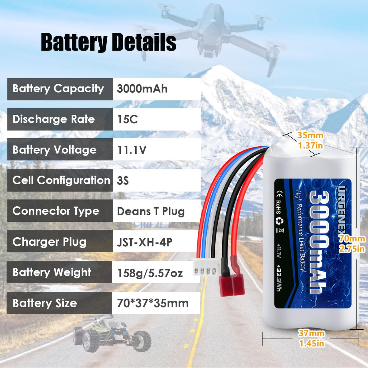 URGENEX battery featuring Dean-style plug for secure RC boat connections.