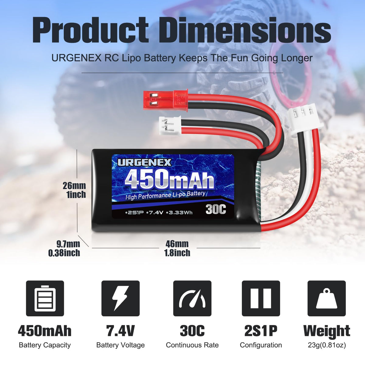 URGENEX lipo battery with JST and PH2.0 connectors for versatile fits
