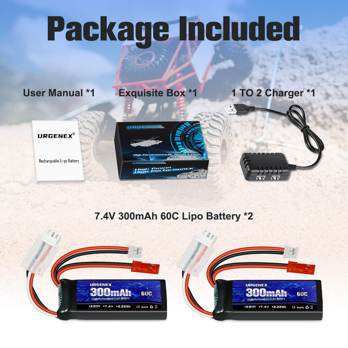 URGENEX compact packaging includes two batteries, charger and warranty