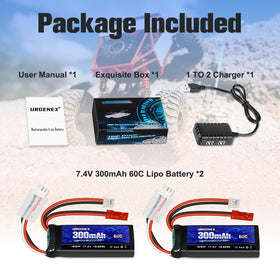 URGENEX compact packaging includes two batteries, charger and warranty