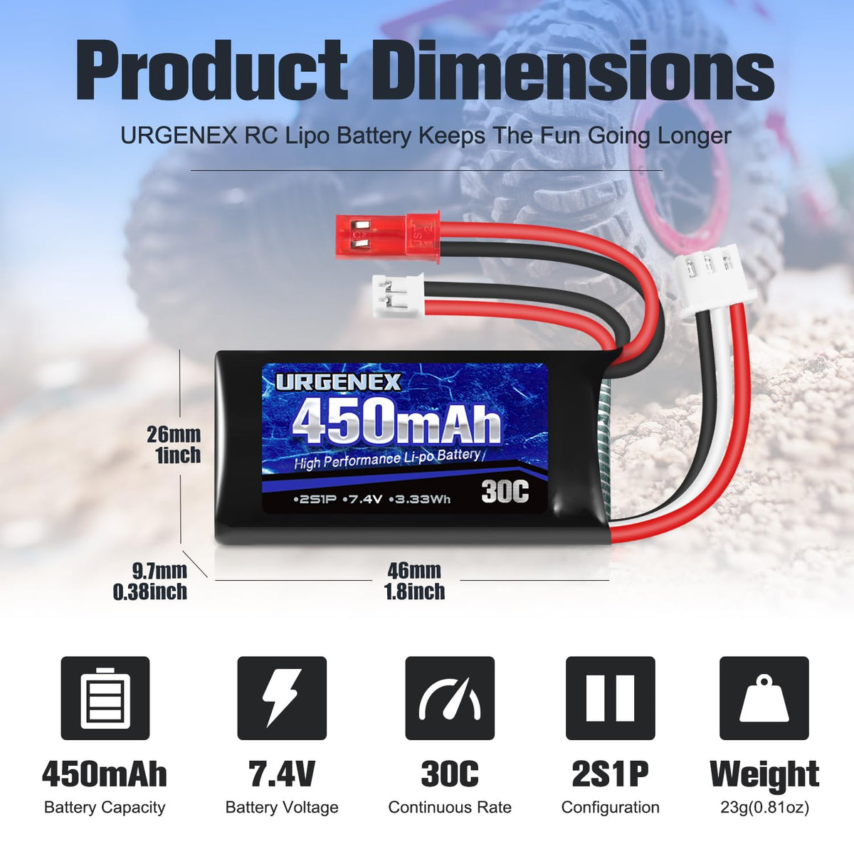 URGENEX 450mAh 2S battery provides compact, lightweight RC car and drone energy