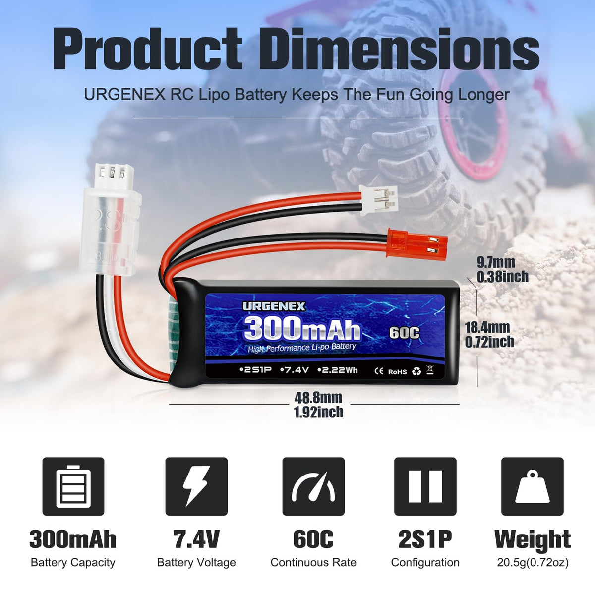 URGENEX 300mAh mini LiPo with JST and PH2.0 connectors for versatile fits