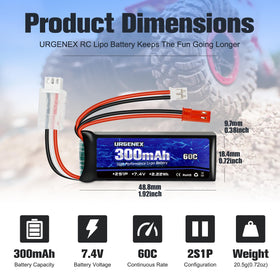 URGENEX 300mAh mini LiPo with JST and PH2.0 connectors for versatile fits