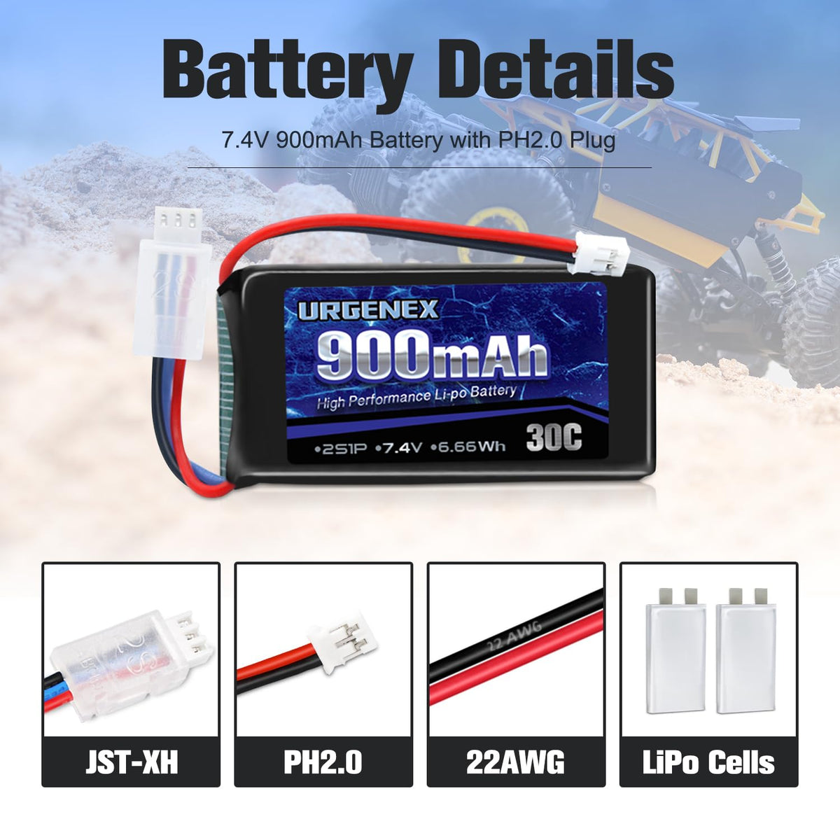 URGENEX SCX24 battery with compact dimensions fits many scale RC models.