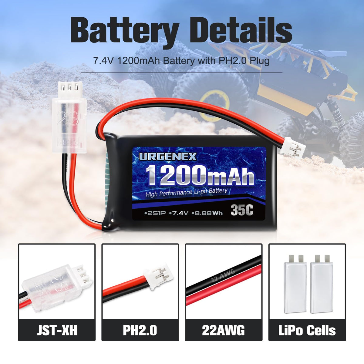 URGENEX SCX24 1200mAh 2S battery dimensions 55x30x15 mm for compatibility.