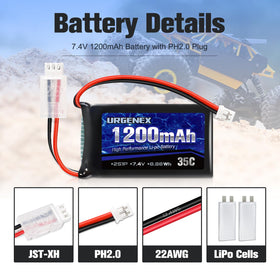 URGENEX SCX24 1200mAh 2S battery dimensions 55x30x15 mm for compatibility.
