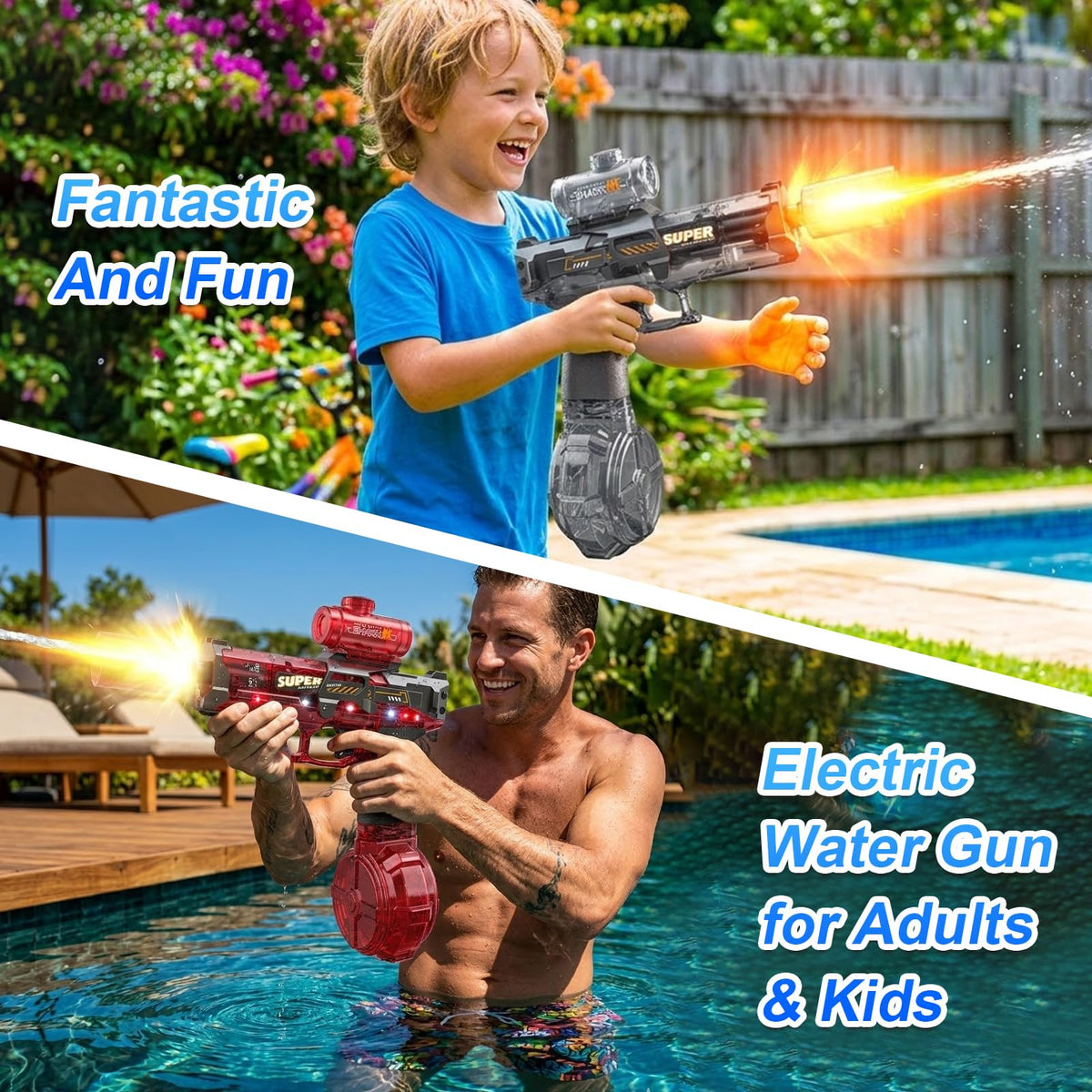 UROINT water guns ideal for pools, beaches, and parties.