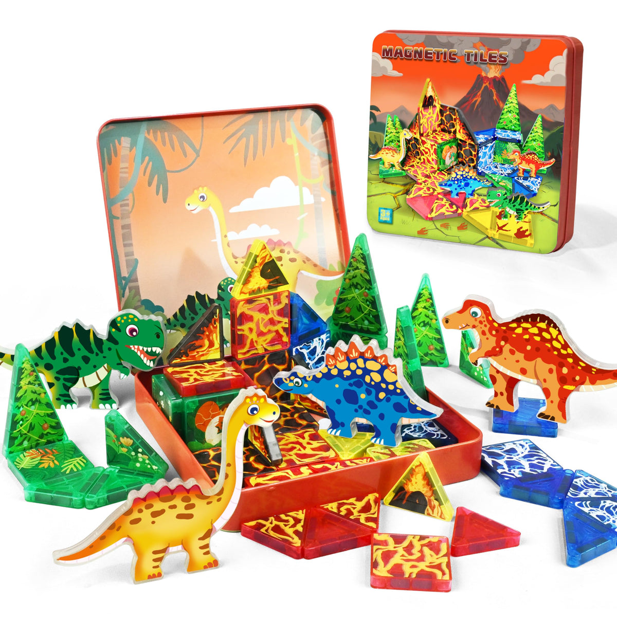 URRLUNA 48pcs mini magnetic tiles create a dinosaur world for creative play.