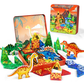 URRLUNA 48pcs mini magnetic tiles create a dinosaur world for creative play.