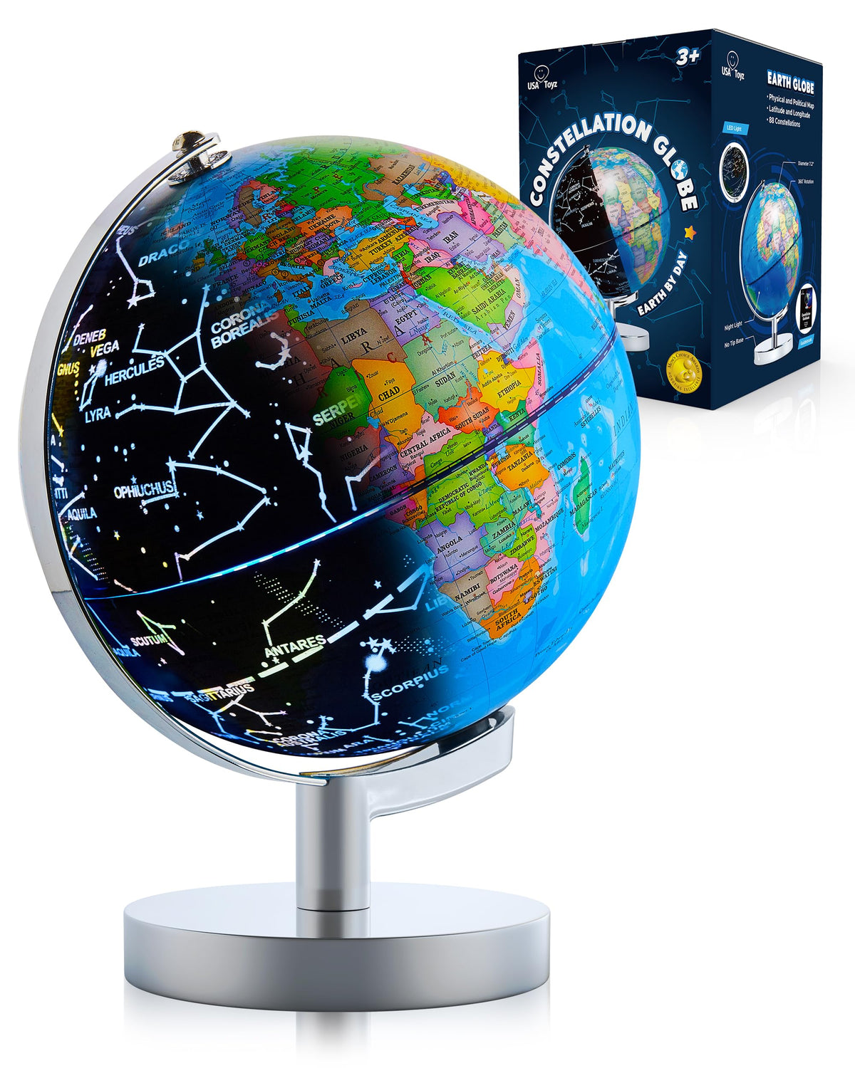 USA Toyz Illuminated Globe on sturdy stand highlights geography for classroom learning.