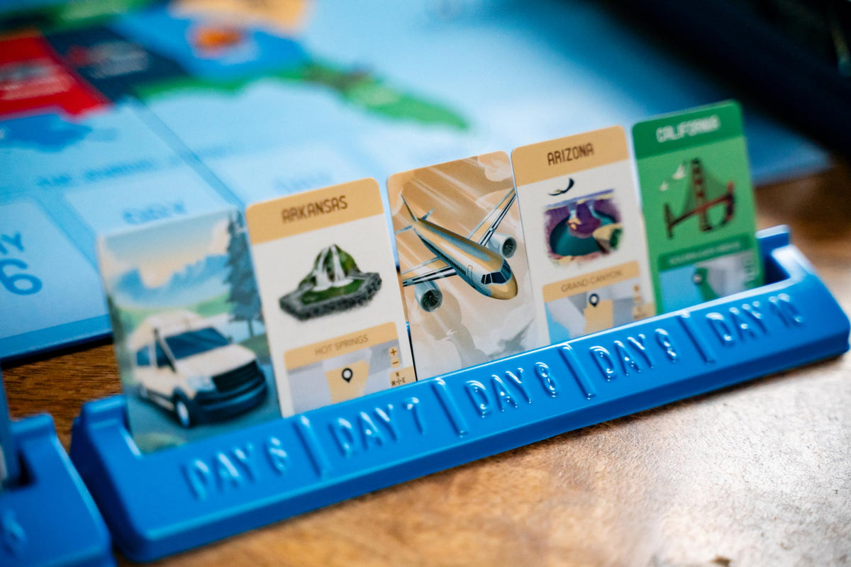 USAopoly 10 Days in the USA airplane cards ready for strategic routing.
