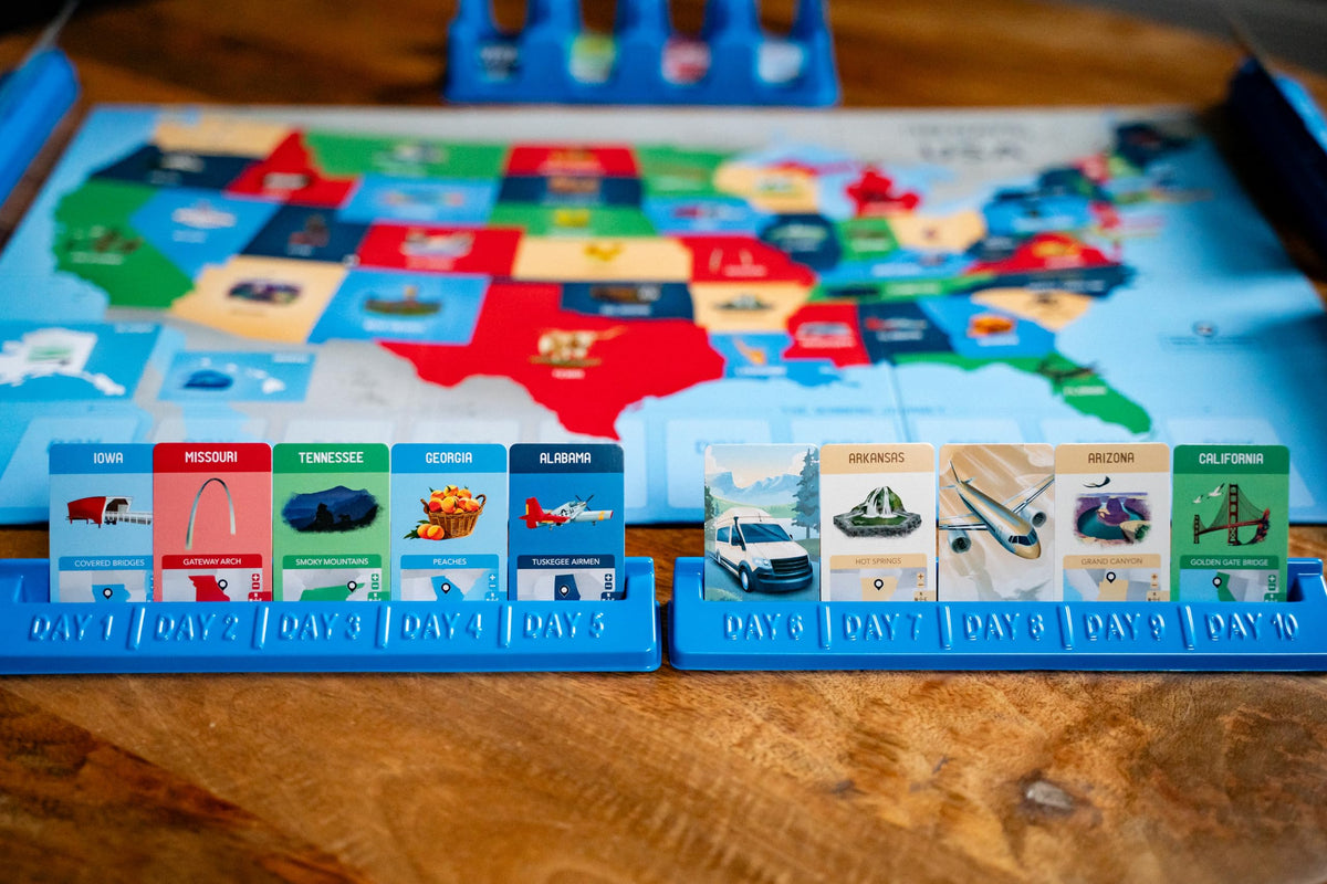 USAopoly 10 Days in the USA destination tiles in action for planning.