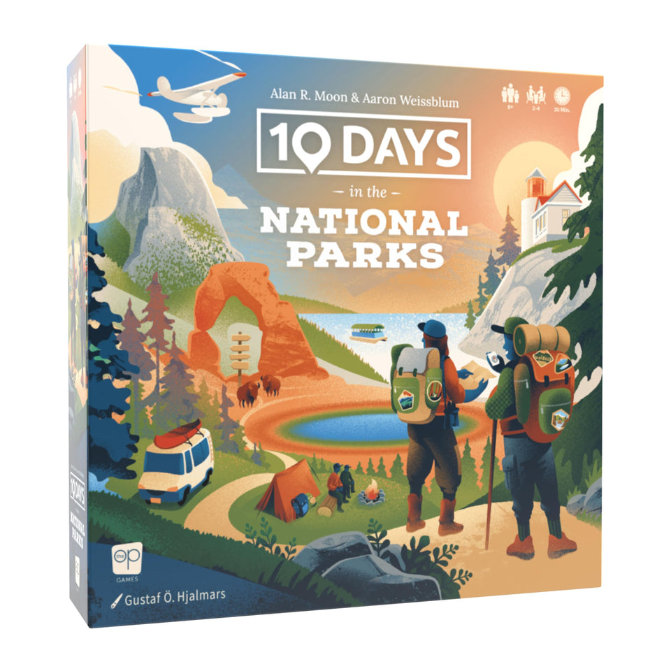 USAOPOLY 10 Days in the National Parks cover showing scenic landscapes inspiring family travel planning