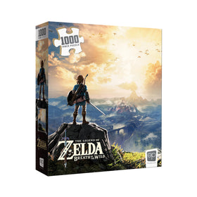 USAOPOLY Breath of the Wild puzzle featuring Link overlooking Hyrule Castle, ideal for family game nights.