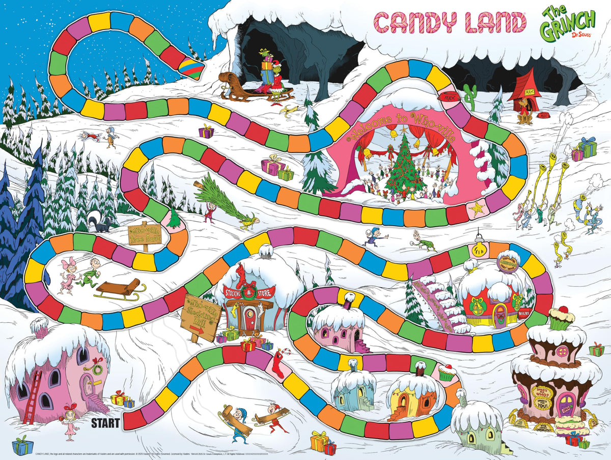 USAOPOLY Candy Land Grinch Who-ville characters ready to lead a festive race