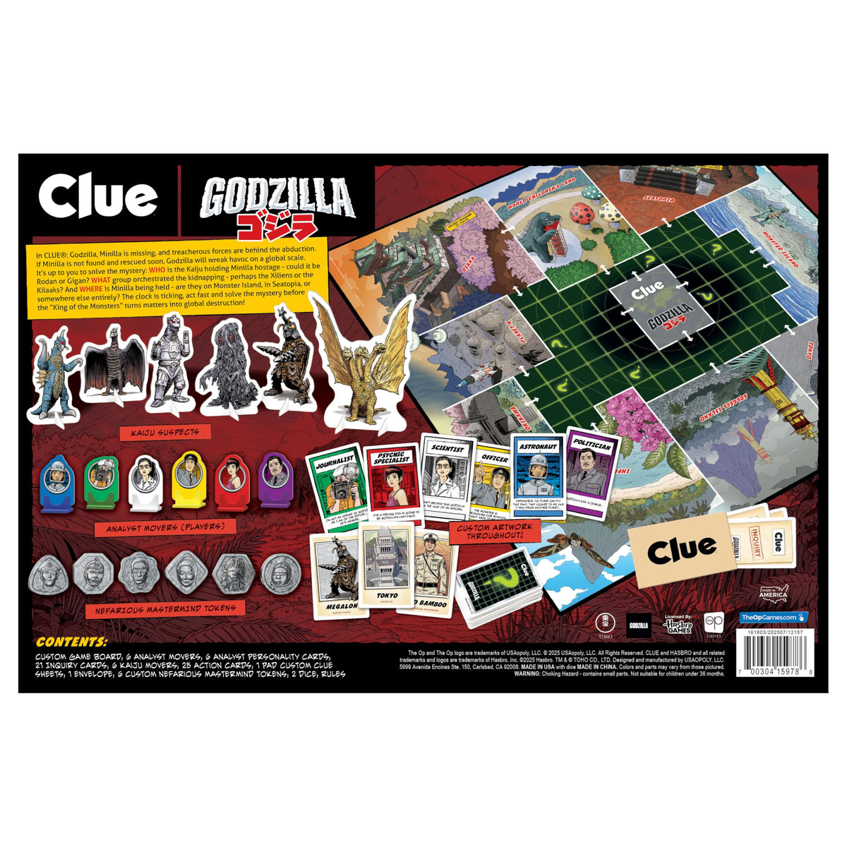 USAOPOLY CLUE Godzilla game pieces highlight six kaiju movers for strategic deduction play