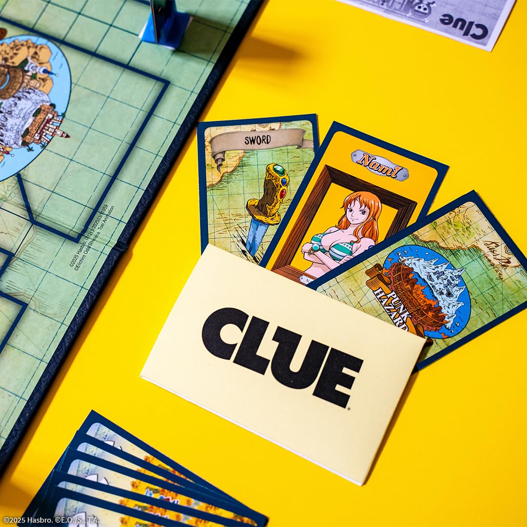 USAOPOLY CLUE One Piece box contents with crew movers and board for quick setup.