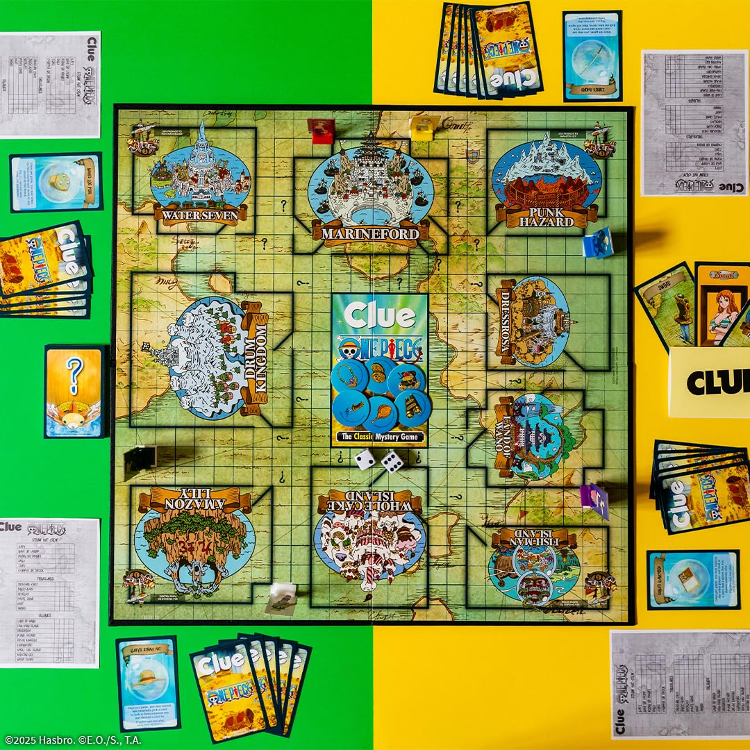 USAOPOLY CLUE One Piece crew movers in action on the game board for immersive play.