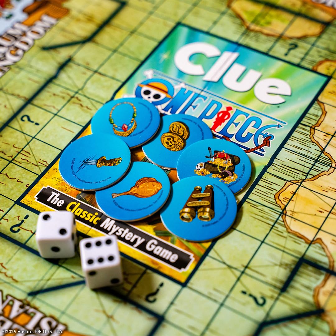 USAOPOLY CLUE One Piece game cards and tokens arranged for a clue-filled session.