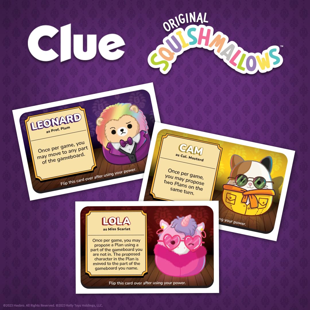 USAOPOLY Clue Squishmallows dice, envelope, and sheets streamline clue solving.