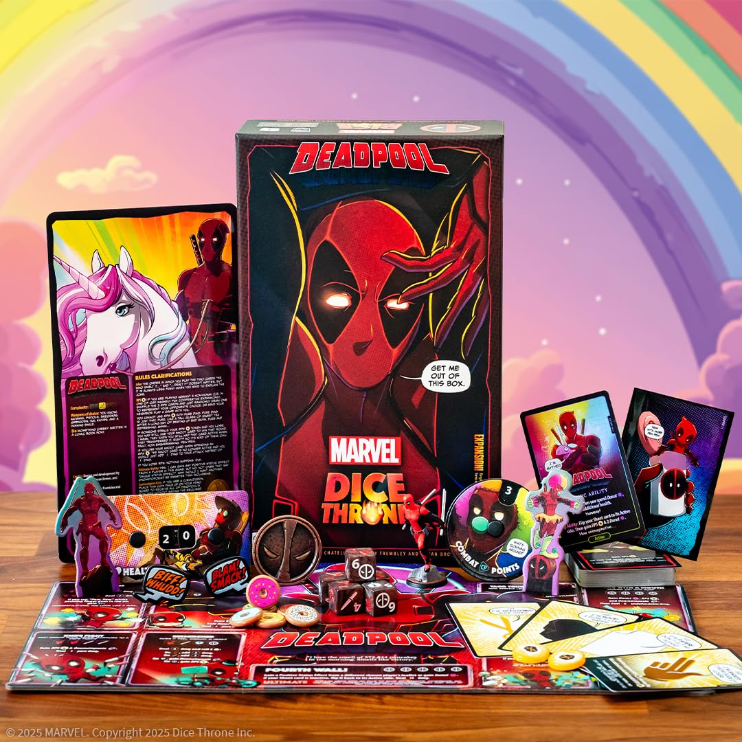 USAOPOLY Deadpool player-board highlights unique abilities for precise turn planning.