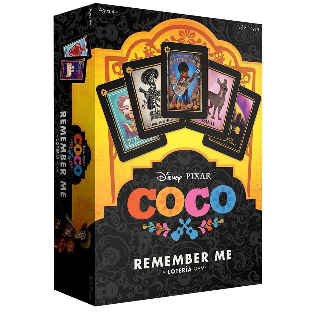 USAOPOLY Disney Pixar Coco Remember Me Lotera card with vibrant artwork, ideal for bilingual word recall