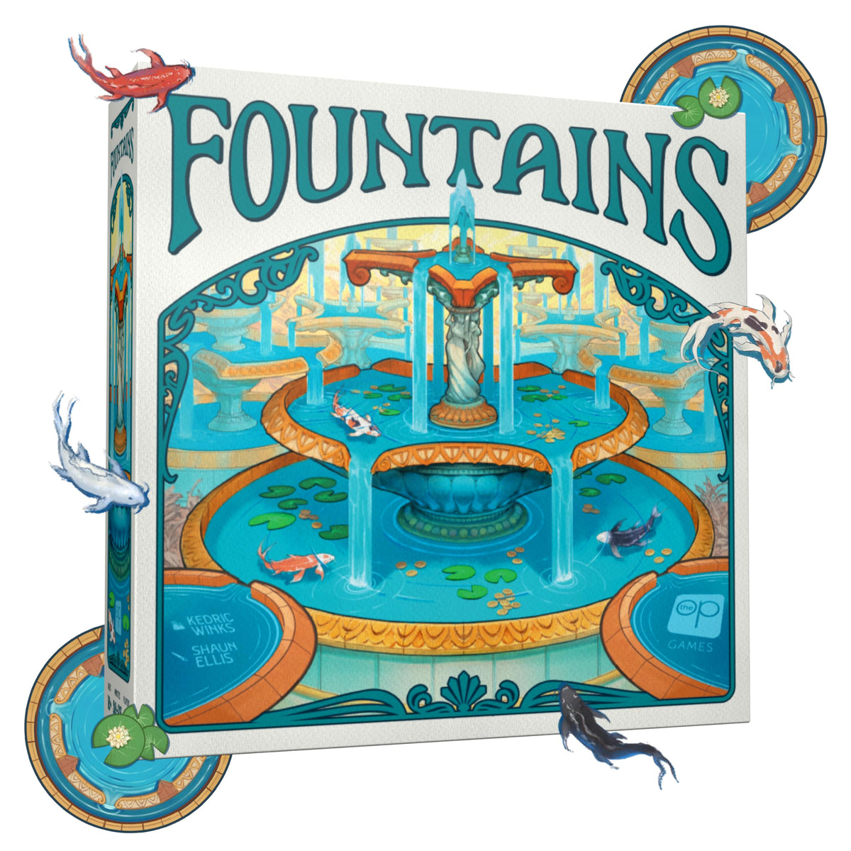 USAOPOLY Fountains shows 3D fountain tiles for an impressive table presence.