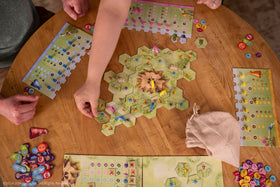 USAOPOLY Gnome Hollow tiles and mushrooms highlight vibrant components for strategy.