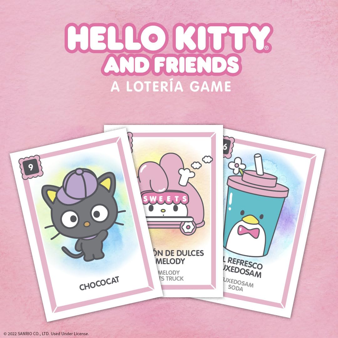 USAOPOLY Hello Kitty Loteria illustrations spark nostalgia and learning.