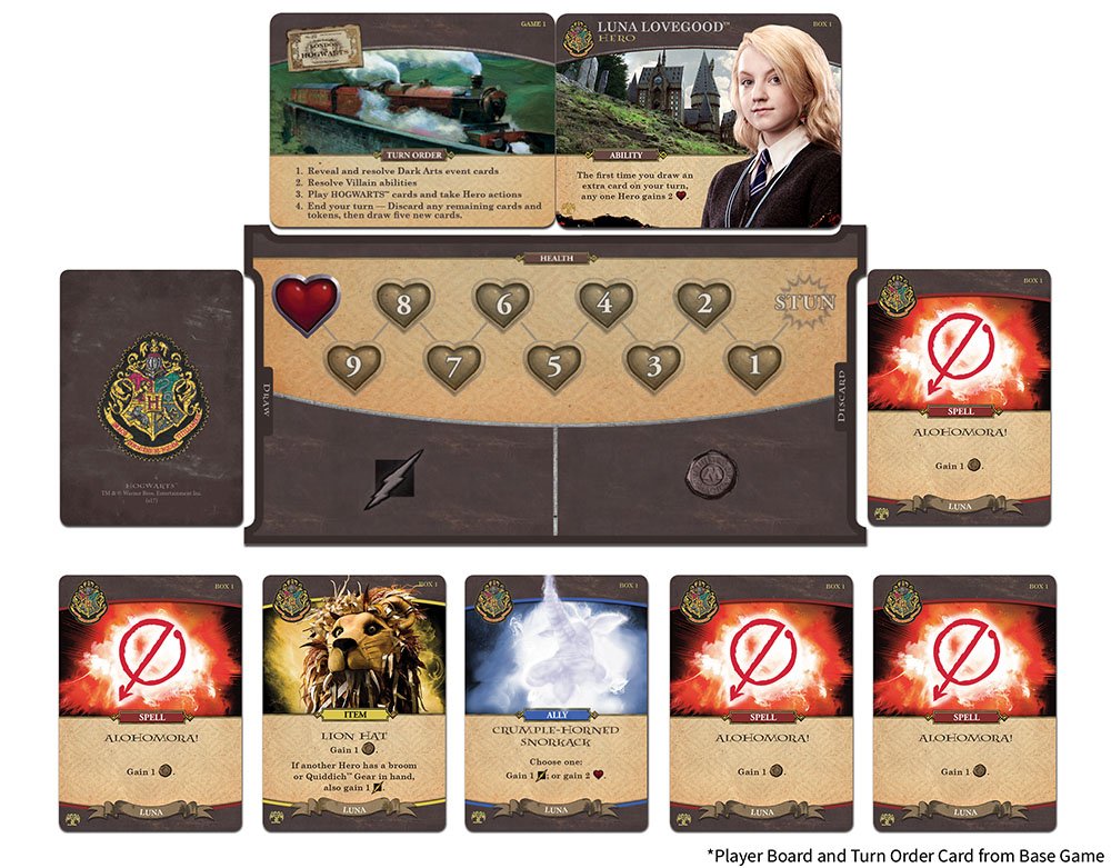 USAOPOLY Hogwarts Battle Monster Box of Monsters cooperative play components shown