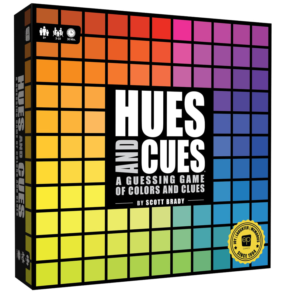 USAOPOLY Hues and Cues board with 480 color squares for color guessing fun.