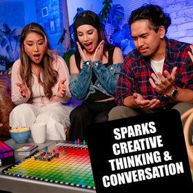 USAOPOLY Hues and Cues color squares close-up showing vibrant palette for quick rounds.