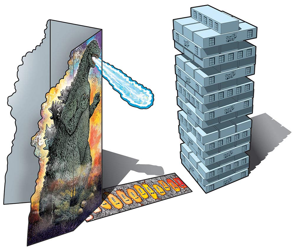 USAOPOLY Jenga Godzilla Extreme Edition die guides strategy and adds suspense.