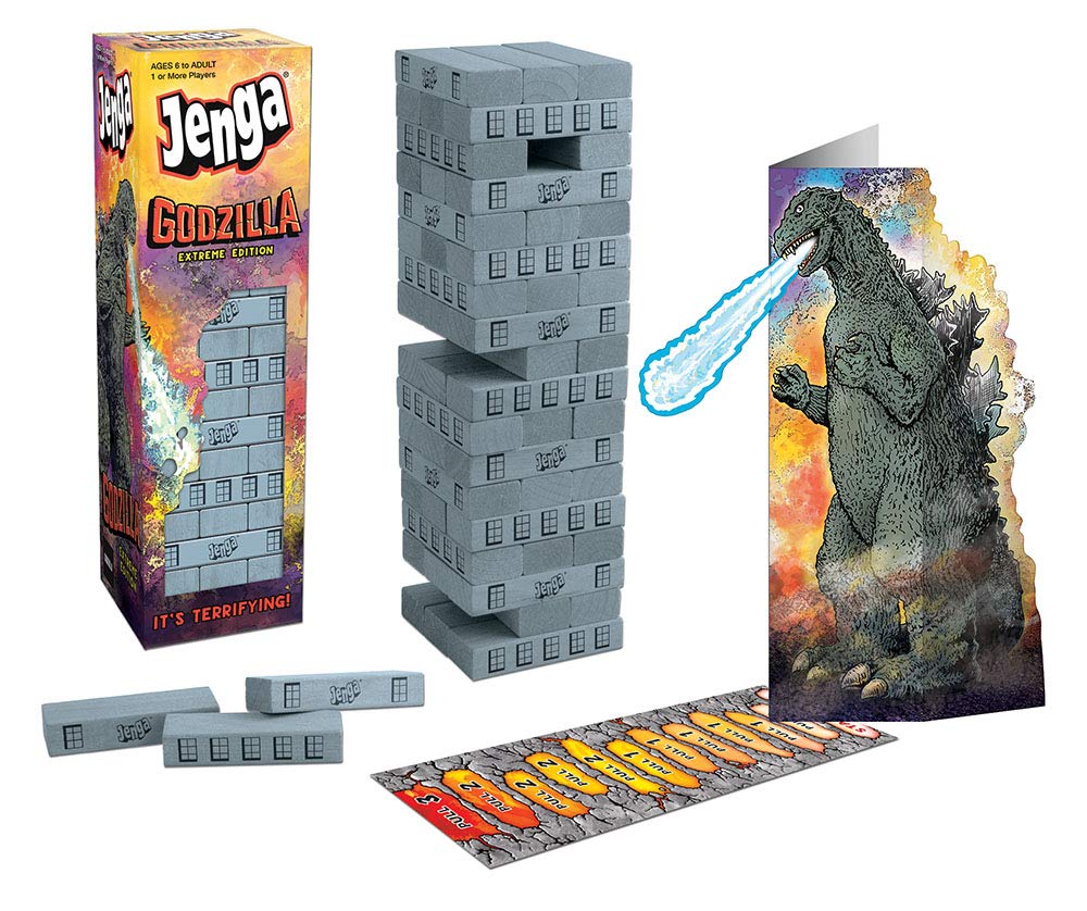 USAOPOLY Jenga Godzilla Extreme Edition movable Godzilla displays dynamic kaiju action.