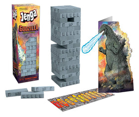 USAOPOLY Jenga Godzilla Extreme Edition movable Godzilla displays dynamic kaiju action.