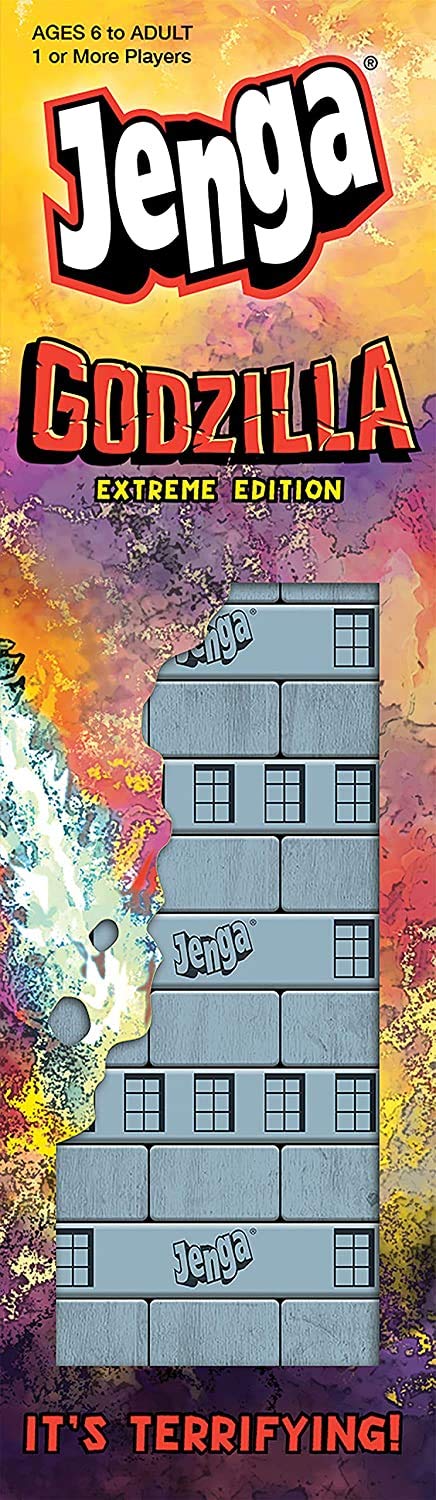USAOPOLY Jenga Godzilla Extreme Edition packaging highlights kaiju collectibles.