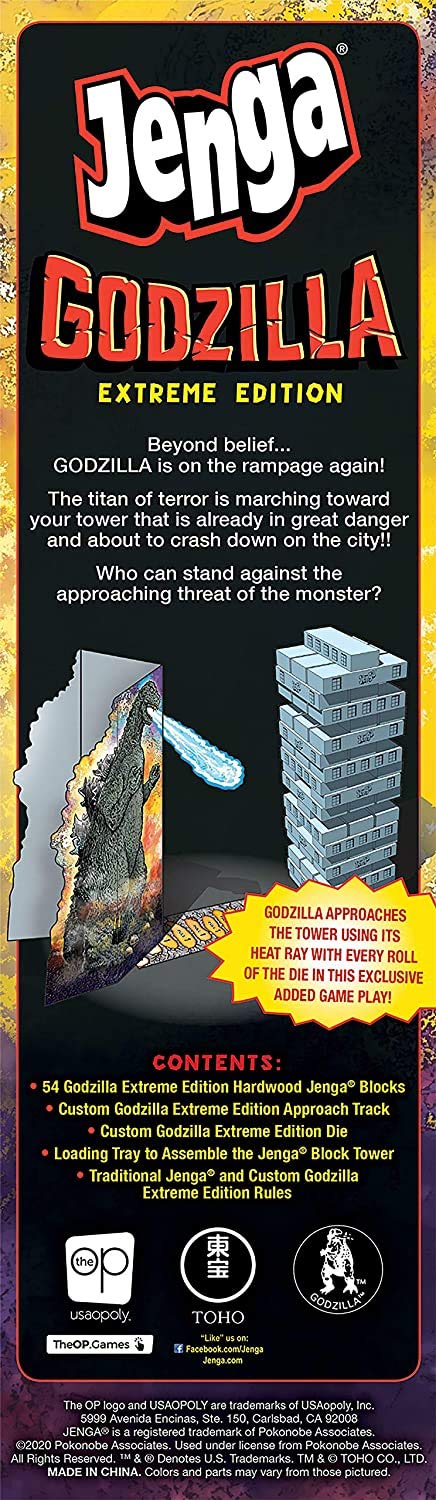 USAOPOLY Jenga Godzilla Extreme Edition rulebook with clear play directives.