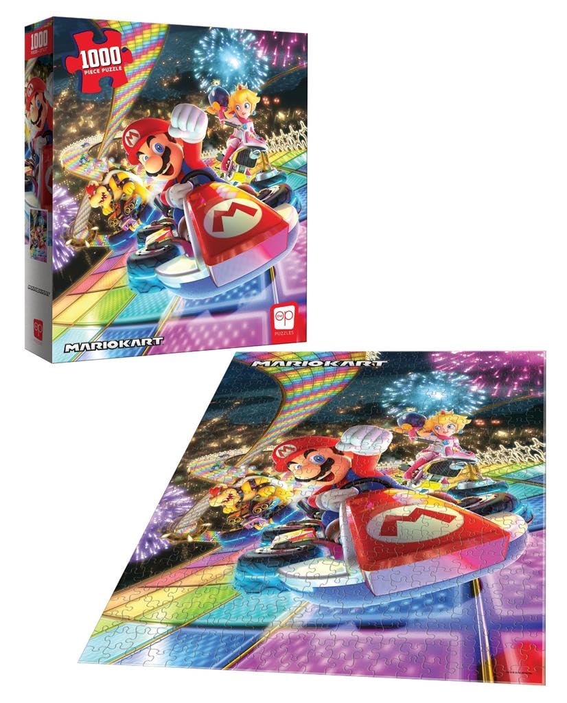USAOPOLY Mario Kart Rainbow Road Bowser chasing Mario scene for dynamic puzzle play
