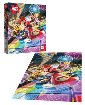 USAOPOLY Mario Kart Rainbow Road Bowser chasing Mario scene for dynamic puzzle play