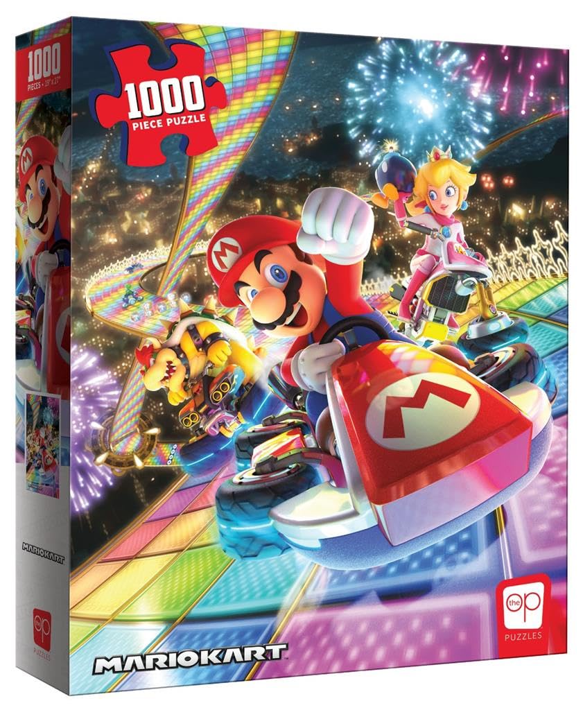 USAOPOLY Mario Kart Rainbow Road puzzle cover shows vibrant collectible artwork for family game night