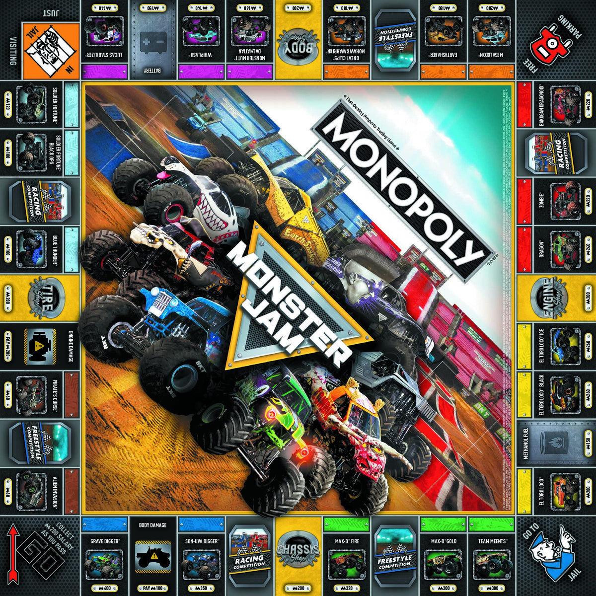 USAOPOLY Monster Jam Stunt Truck token in action on the board