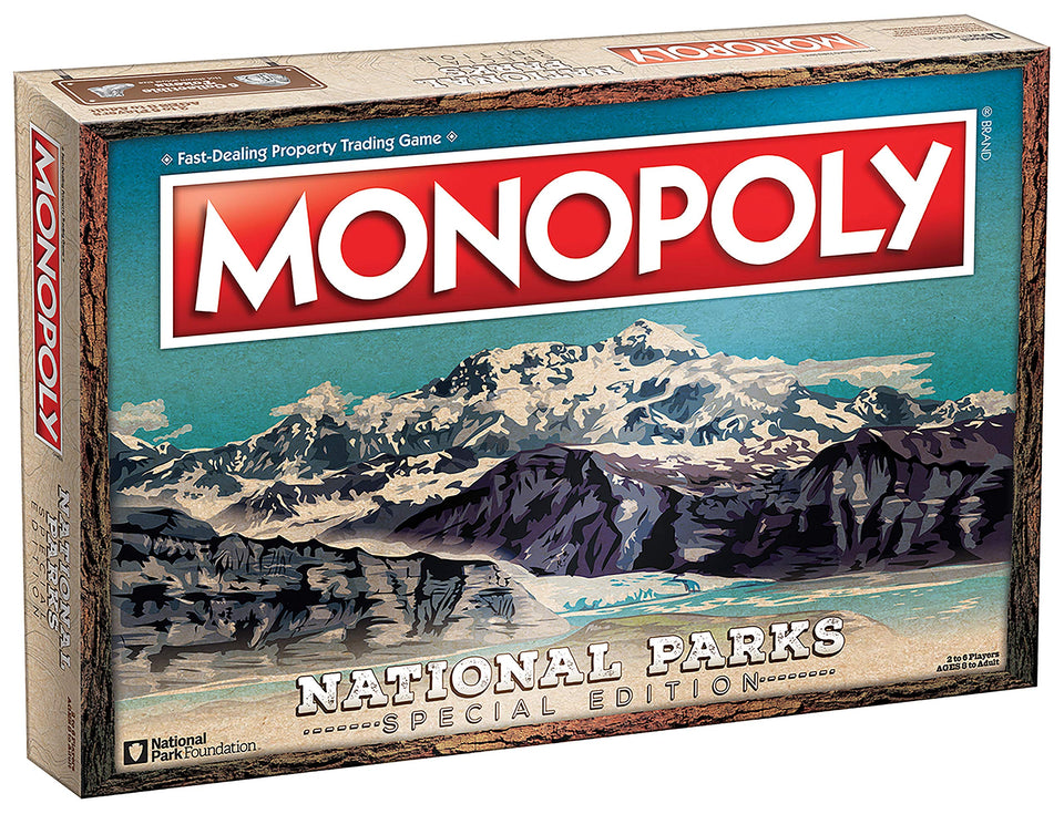 USAOPOLY Monopoly National Parks board featuring Grand Canyon and Yellowstone layouts for family game night
