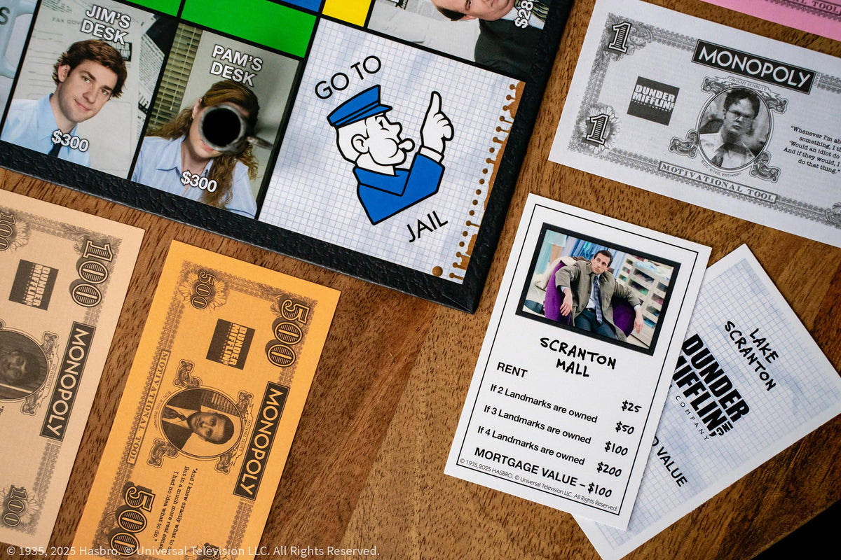 USAOPOLY Monopoly: The Office card set reimagines twists like World's Best Boss for laughs.